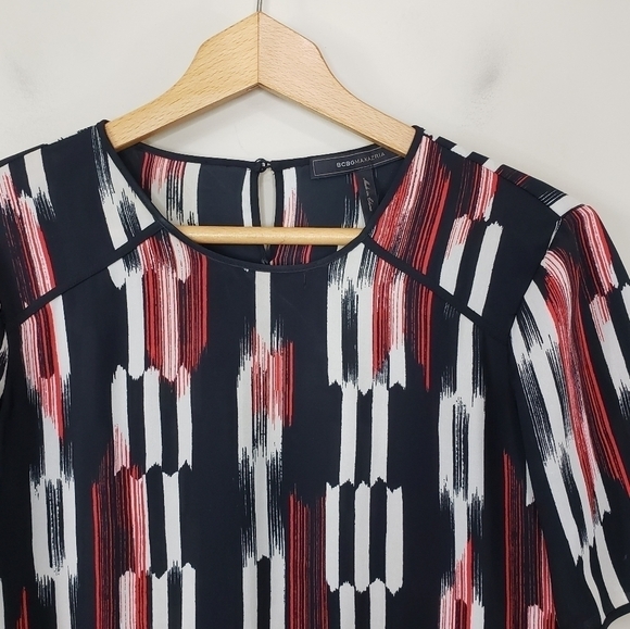 BCBGMaxAzria | Kacy Red Black Print Block Geometric Mixed Print Layered Blouse - Picture 6 of 9
